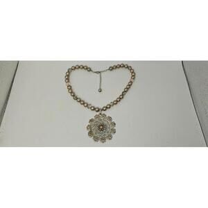 Vintage Y2K Faux Pearl Beaded Necklace Ornate Pendant Statement Boho Artsy